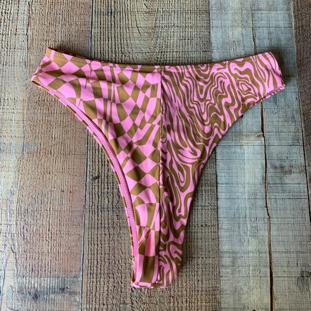 Wild Lovers Swim Retro Pink Brown Swirl Checkered Cheeky Tequila Bikini Bottom